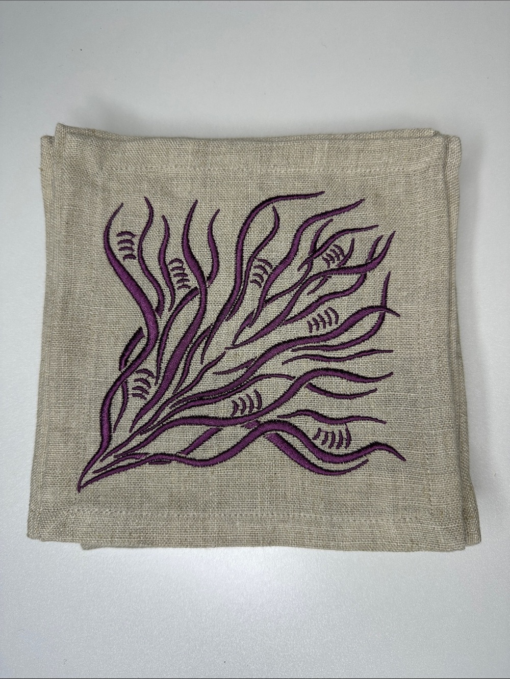 Embroidered Linen Napkins with Purple Leaf Design lot of 16